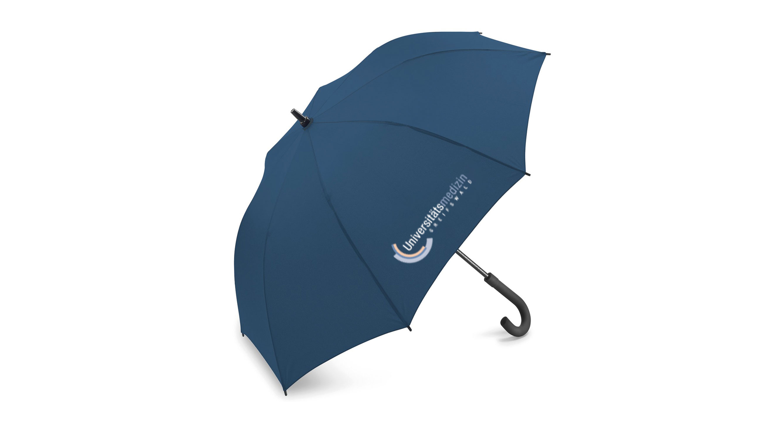 Ein robuster, dunkelblauer Regenschirm mit dem Logo der Universitätsmedizin Greifswald, ideal für regnerische Tage.