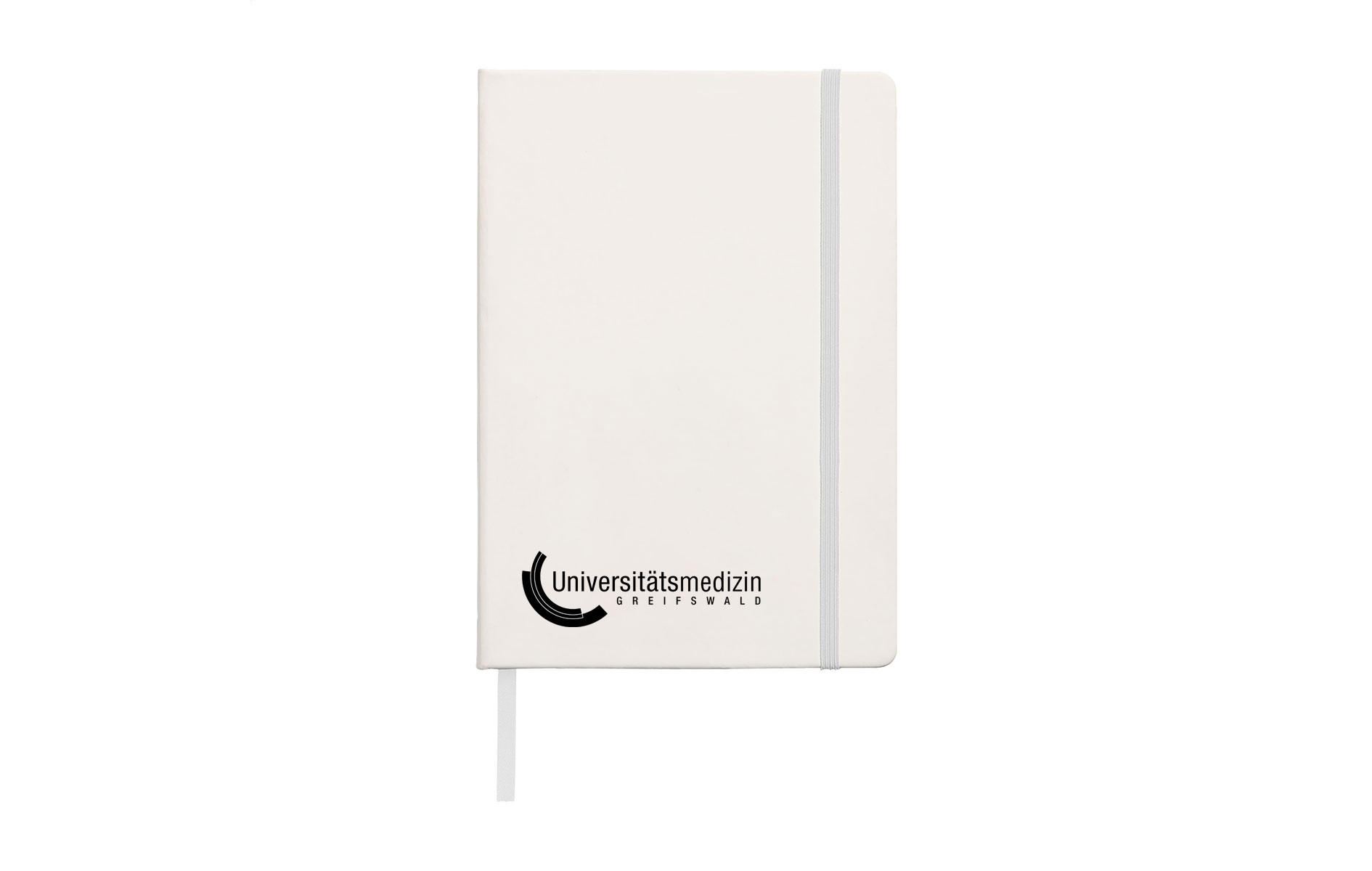 Ein minimalistisches, elfenbeinfarbenes Notizbuch mit dem Logo der Universitätsmedizin Greifswald auf dem unteren Teil des Covers.